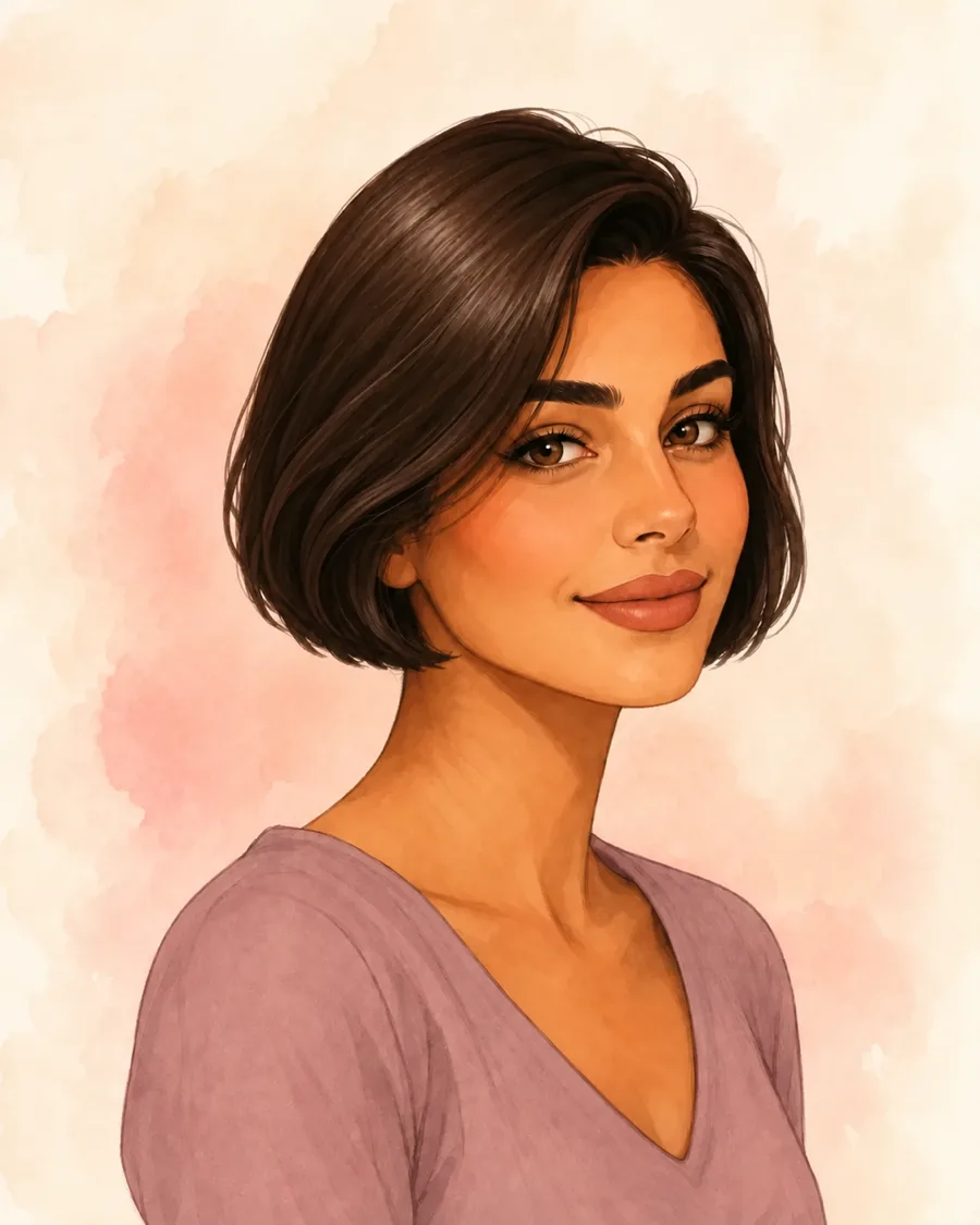 同じ女性をフレンチボブにしたイラスト。あごに沿うコンパクトな輪郭