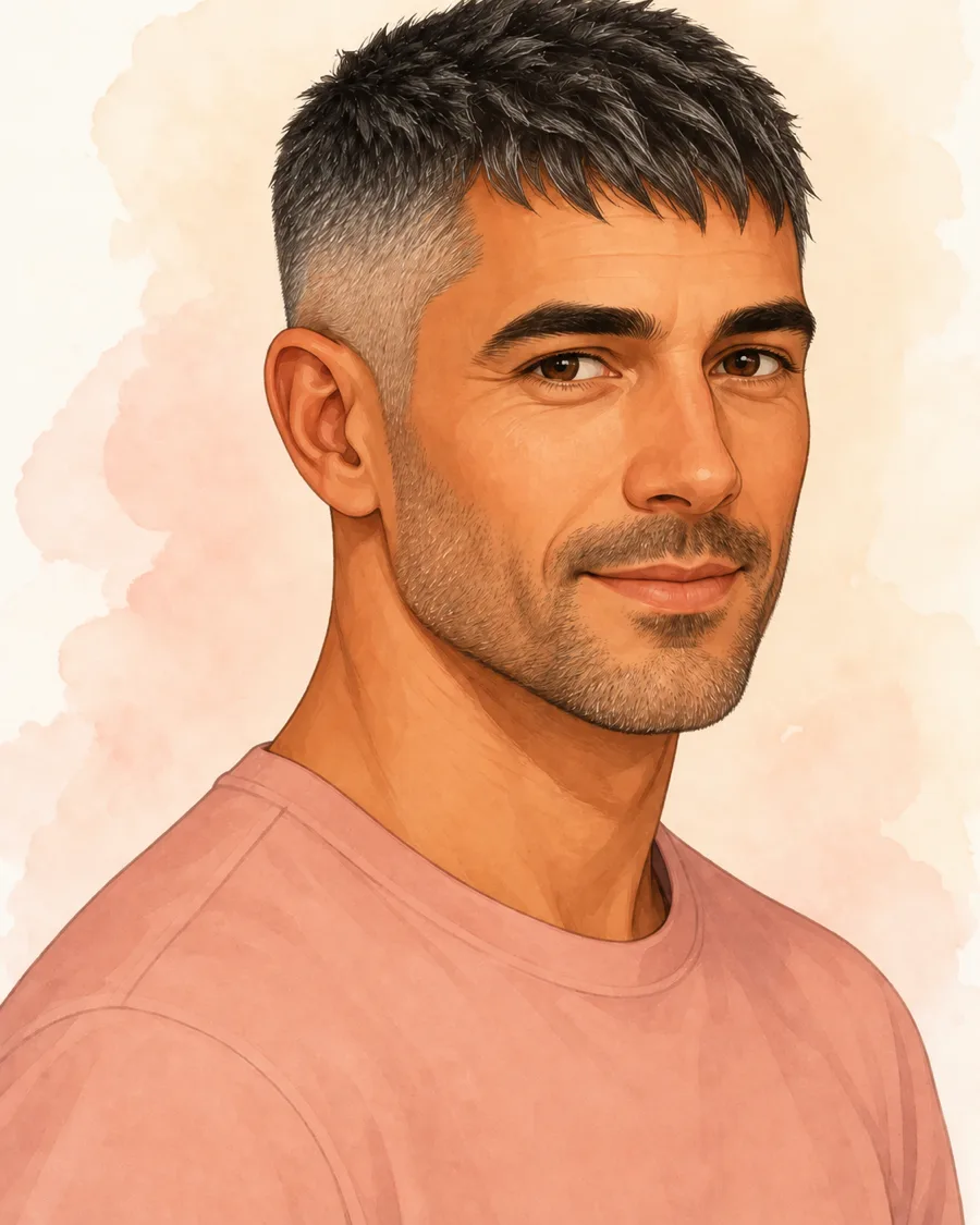 同じ男性をテクスチャードクロップにしたイラスト。トップを少し長く残し、毛束を崩した短い前髪を下ろしている