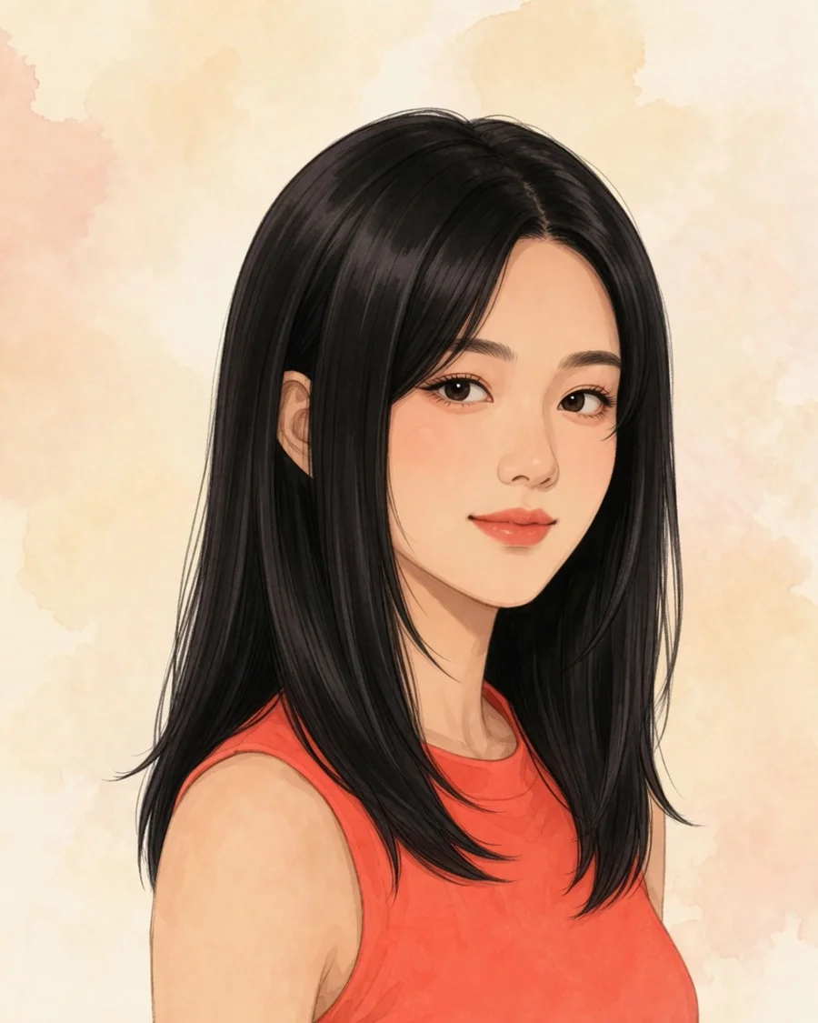 AI-generated illustrated example: the same person with long, mostly one-length dark hair before a Soft Wolf Cut